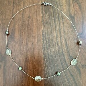 Wire Necklace with Citrine, Green/Bronze Freshwater Pearls